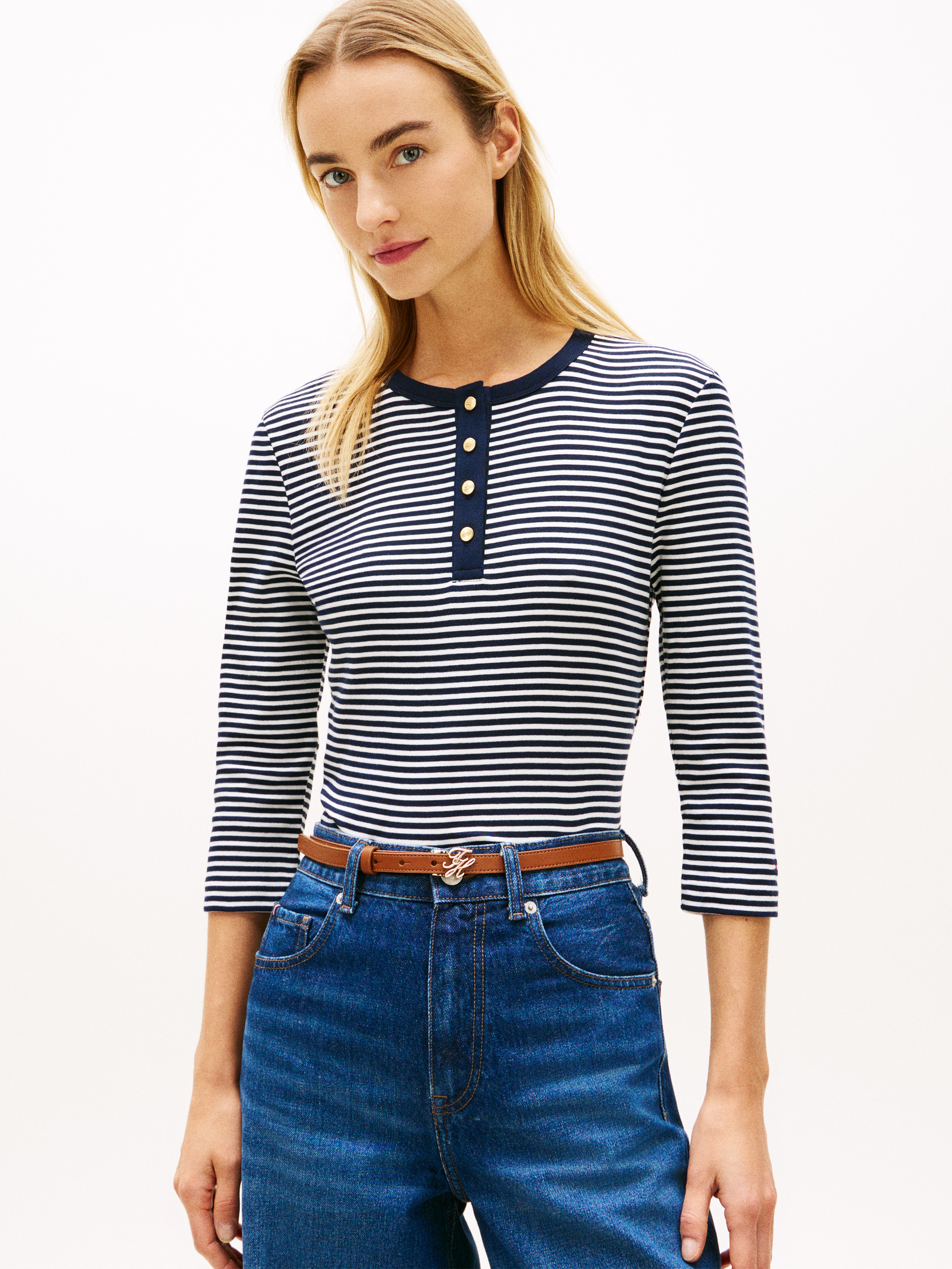 Gold-Tone Button Slim Henley T-Shirt