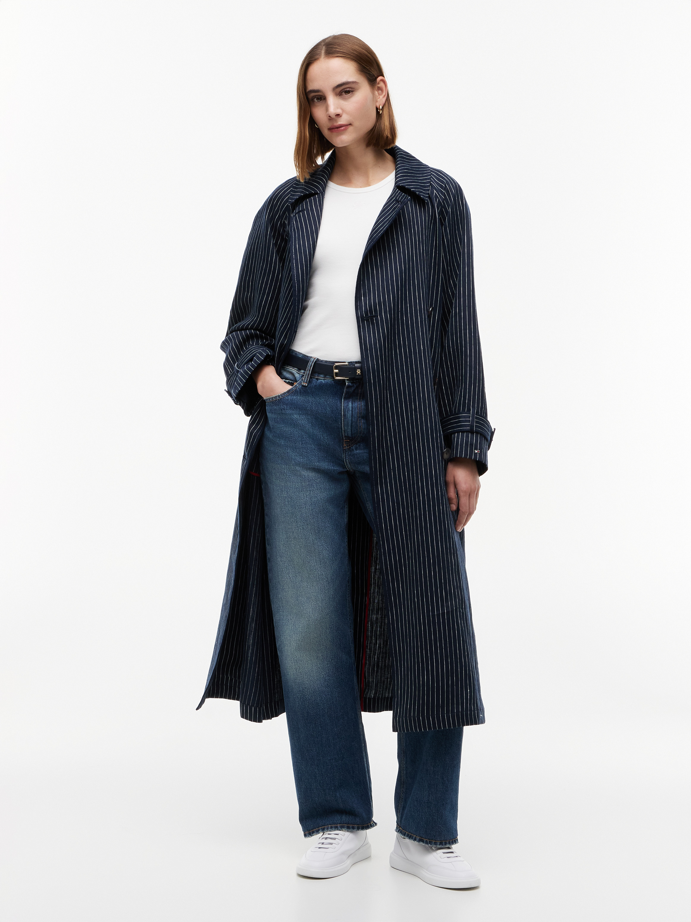 Pinstripe Trench Coat With Linen