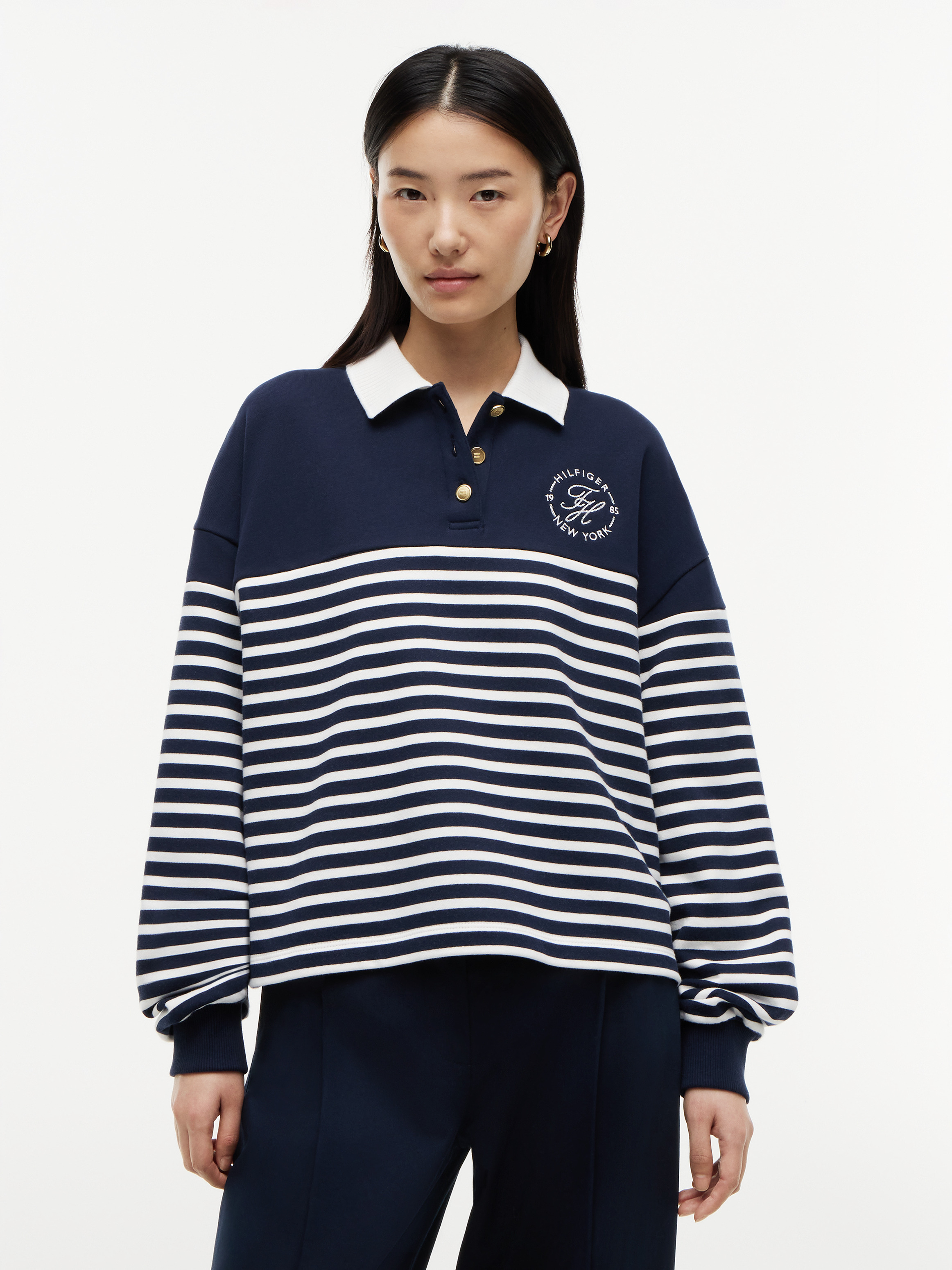 Gold-Tone Button Relaxed Polo Sweatshirt
