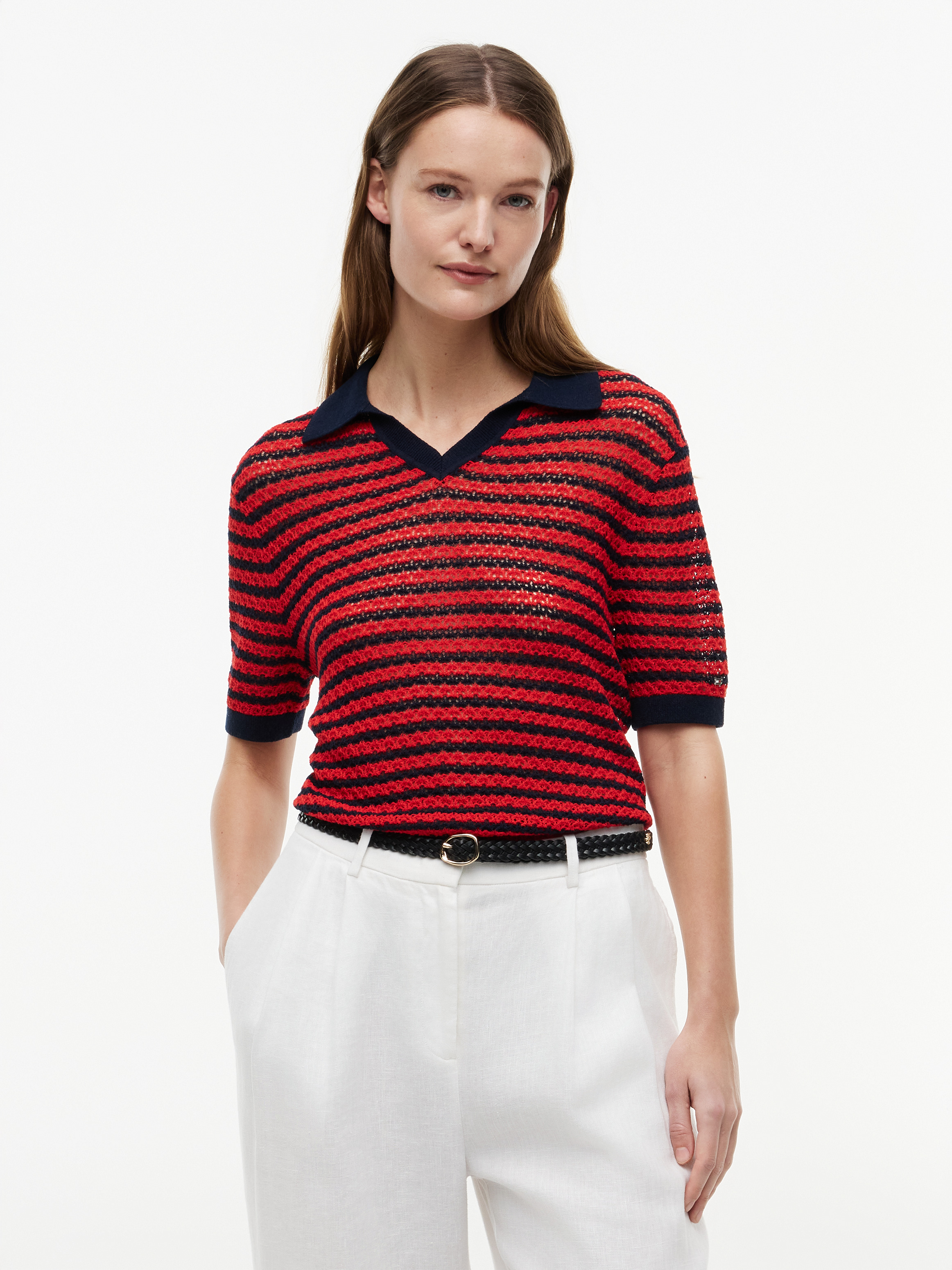 Pointelle Relaxed Short Sleeve Polo Jumper
