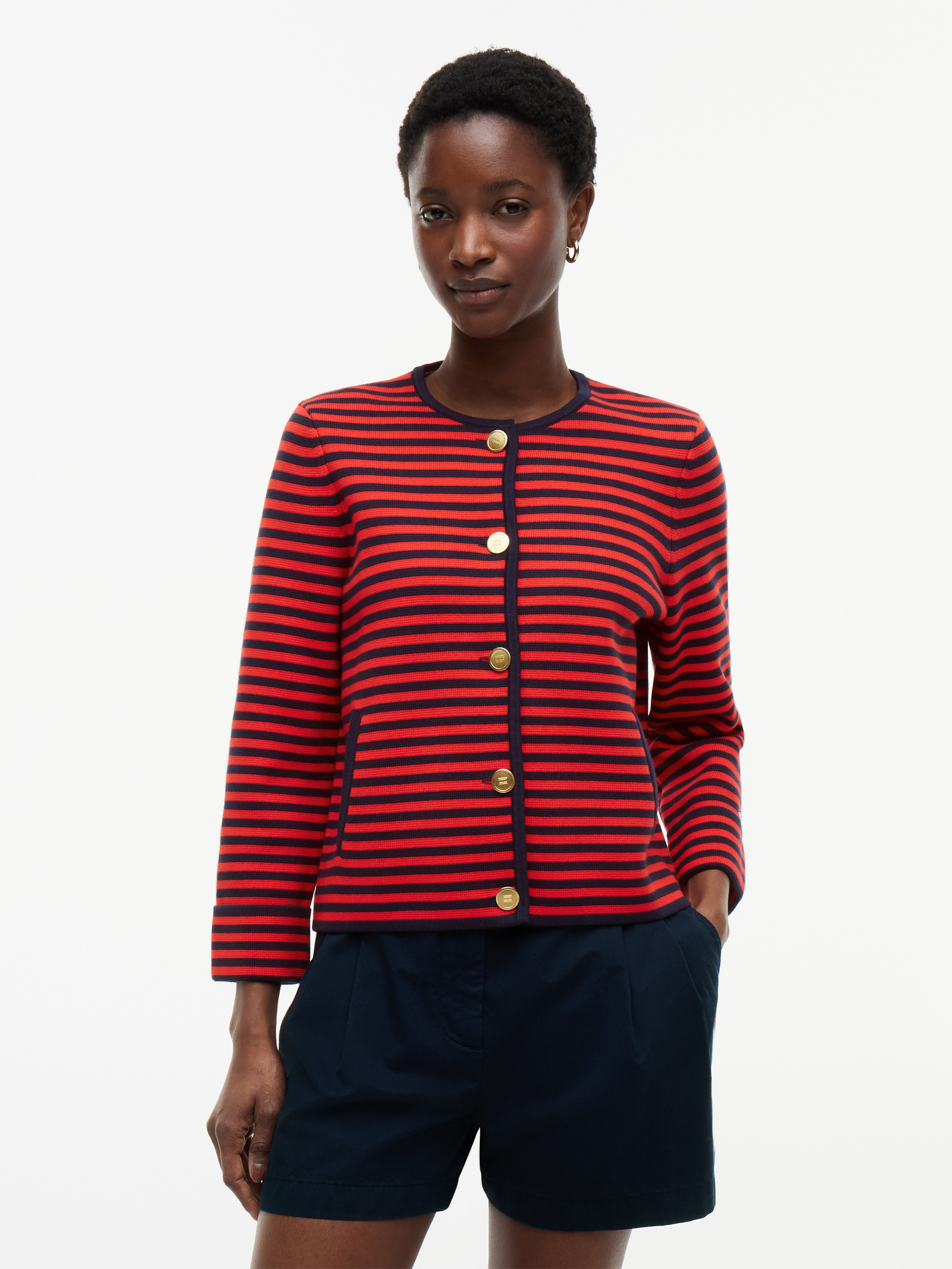 Gold-Tone Button Boxy Cardigan