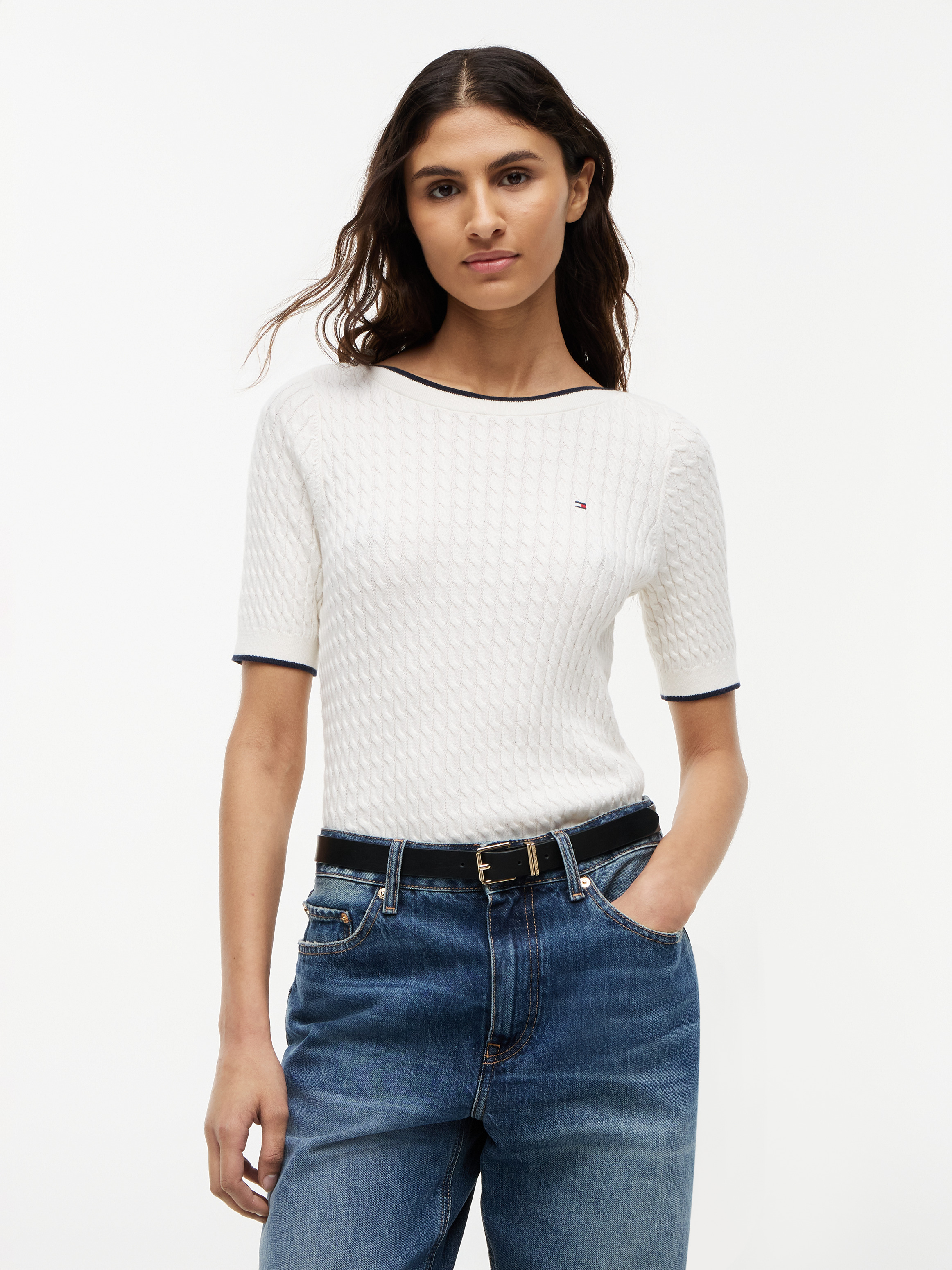 Cable Knit Boat Neck Short Sleeve Jumper