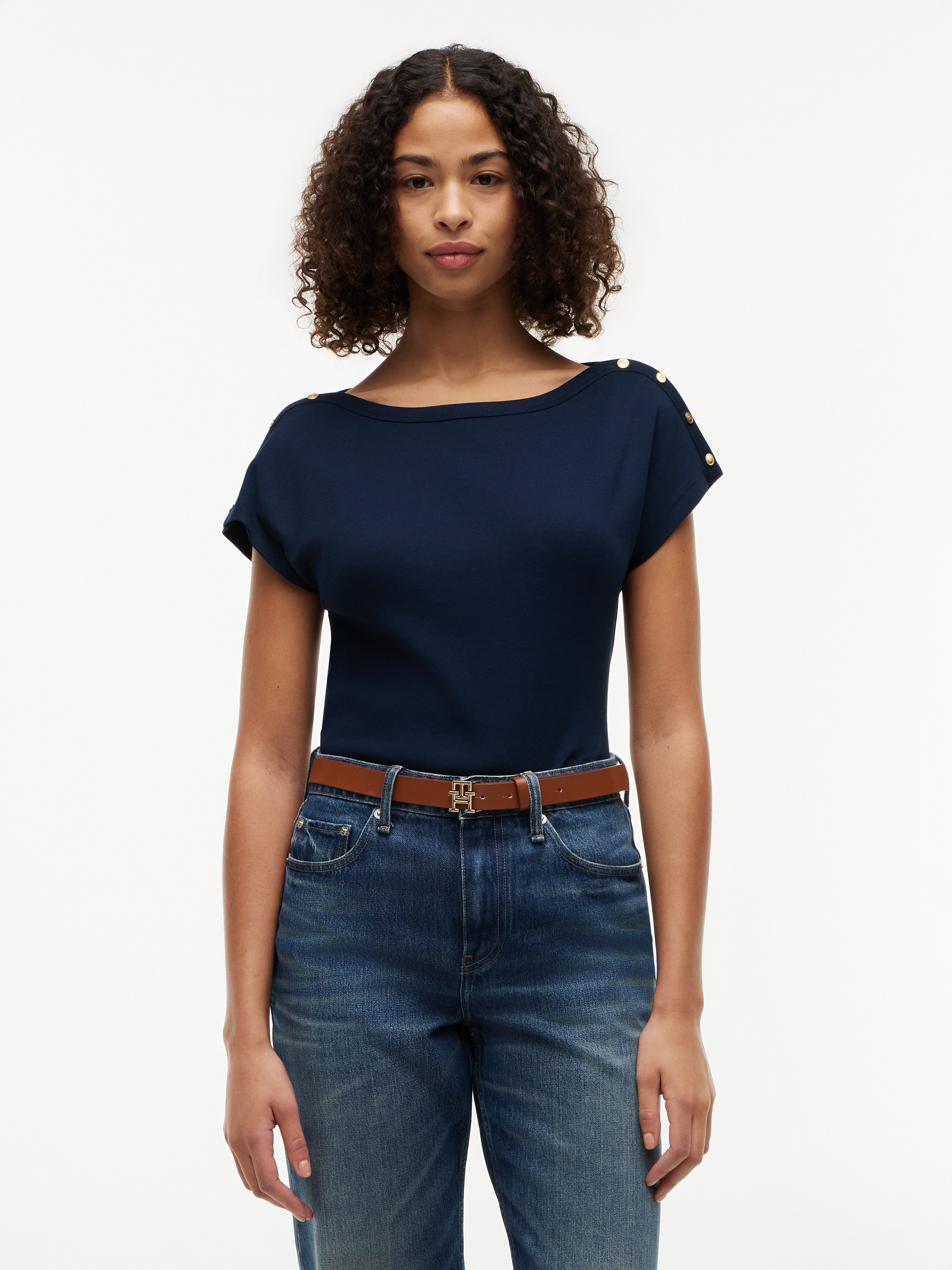 Gold-Tone Button Boat Neck T-Shirt