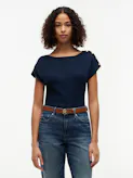 Gold-Tone Button Boat Neck T-Shirt