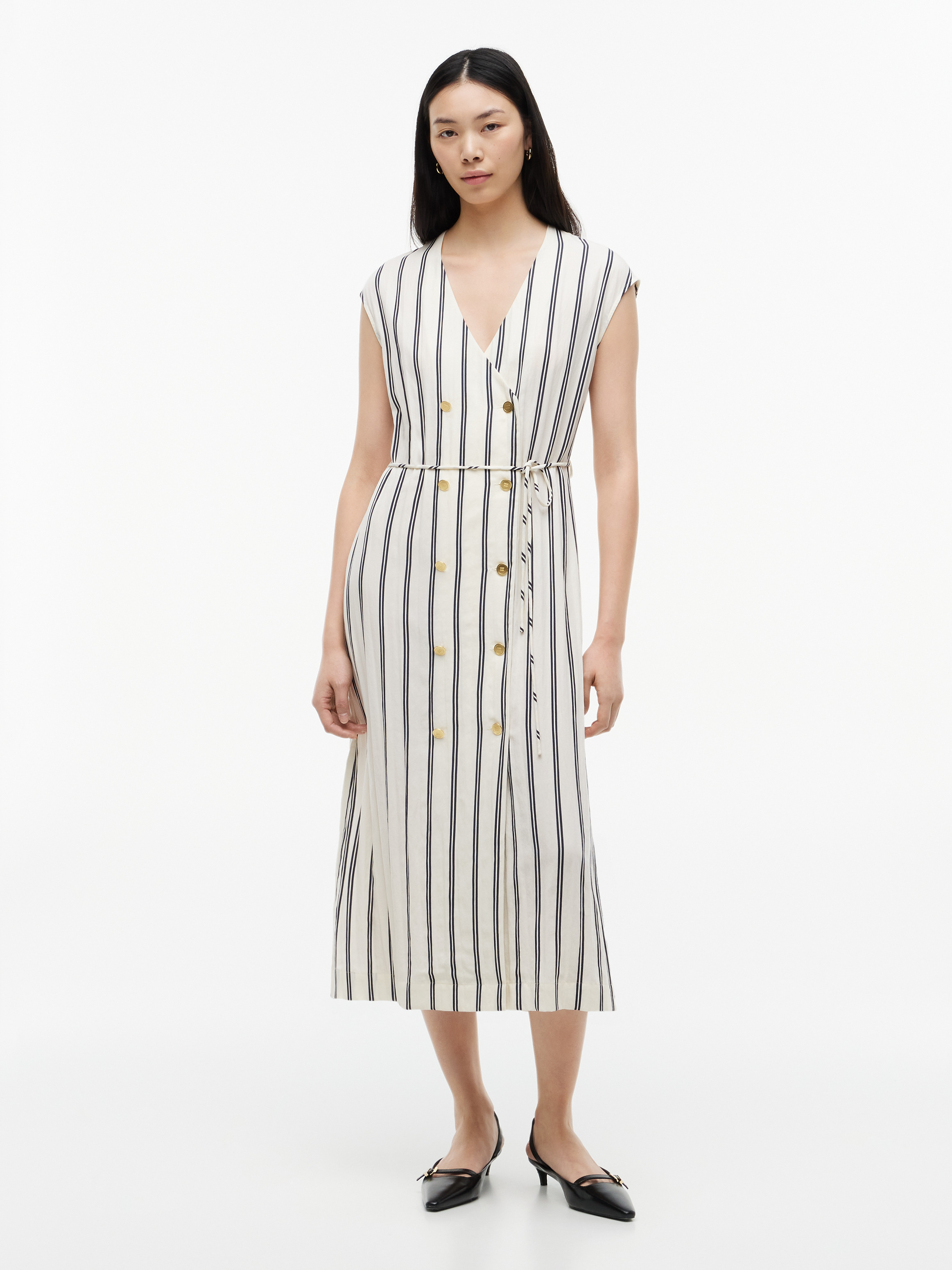 Gold-Tone Button Stripe Midi Dress