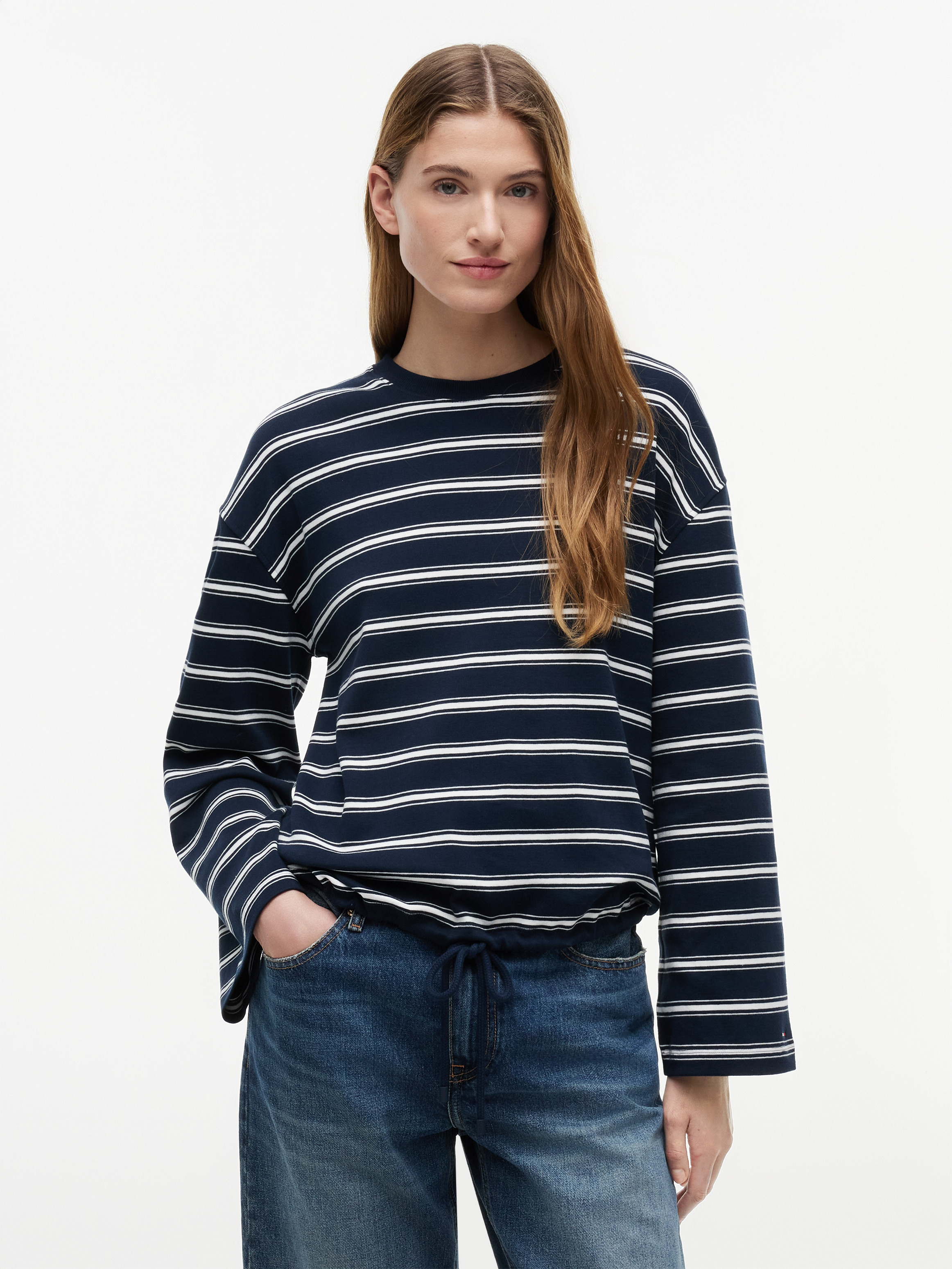 Stripe Drawstring Hem Long Sleeve T-Shirt