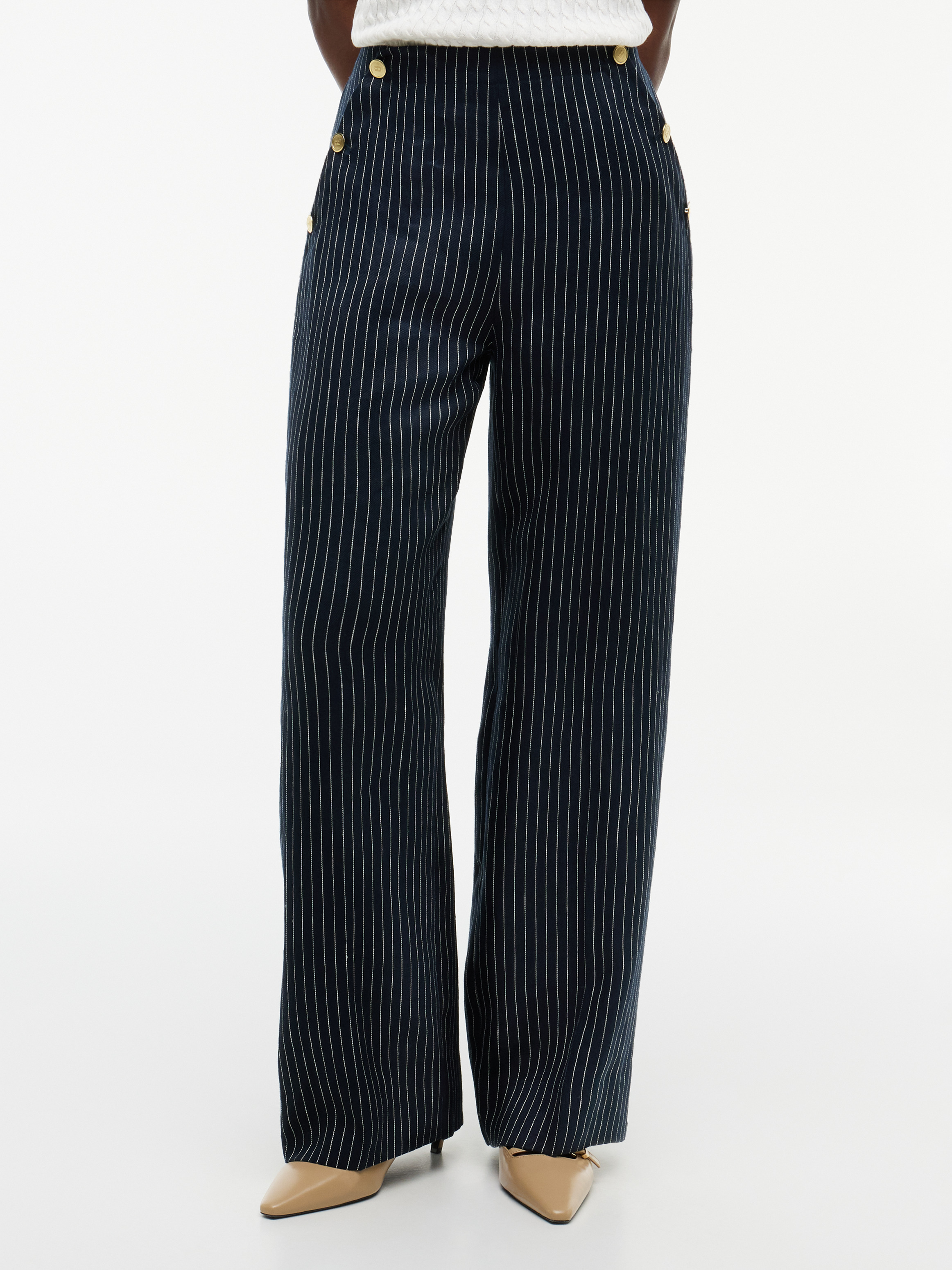 Pinstripe Gold-Tone Button Wide Leg Trousers With Linen