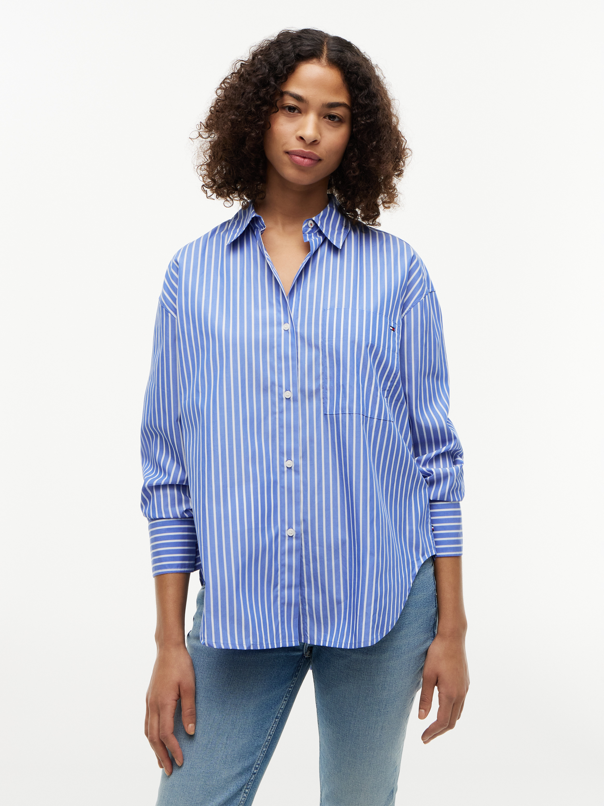 Oversized Fit Stripe Shirttail Hem Poplin Shirt