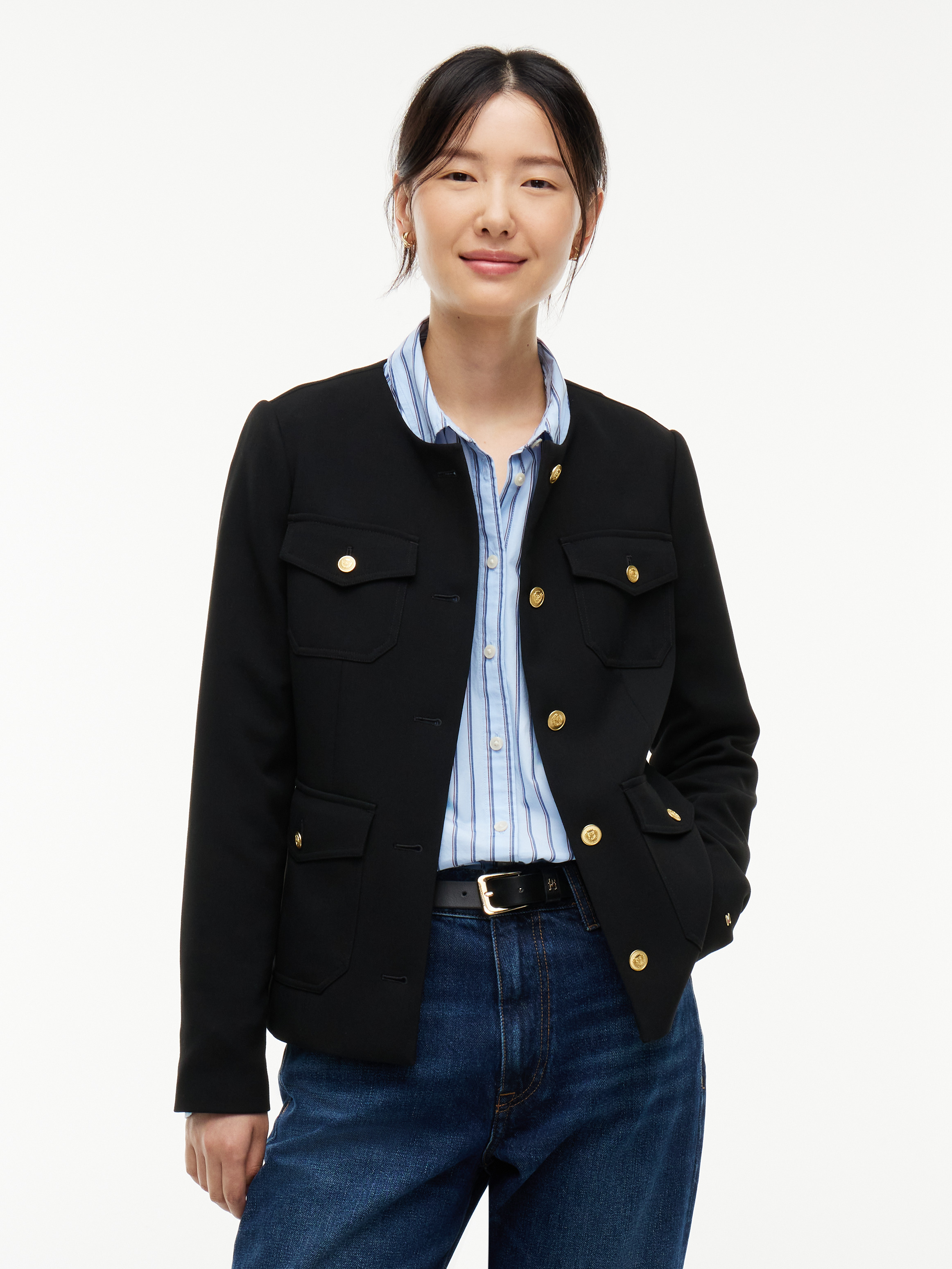 Gold-Tone Button Collarless Slim Jacket