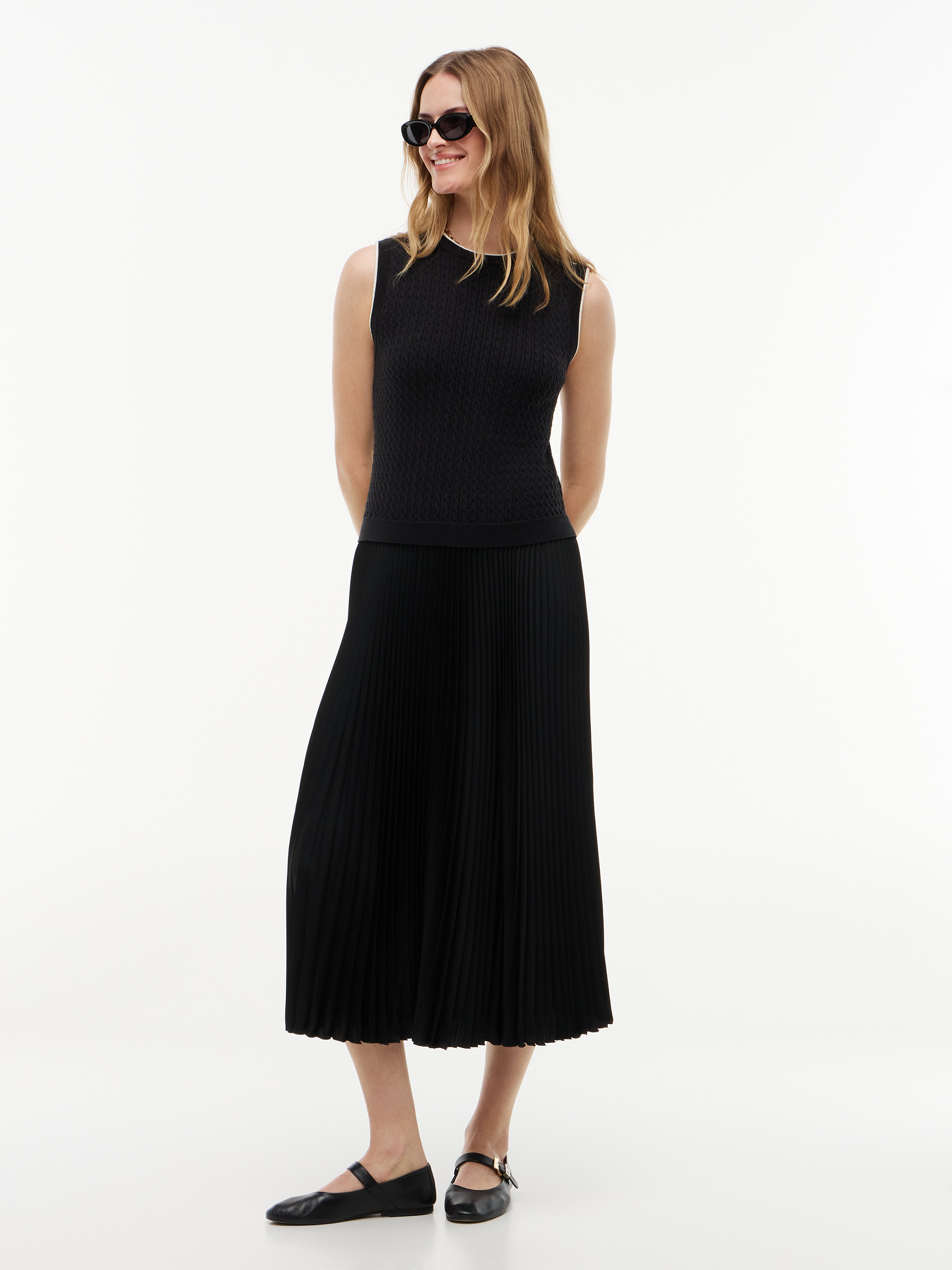 Cable Knit Pleated Sleeveless Flare Dress