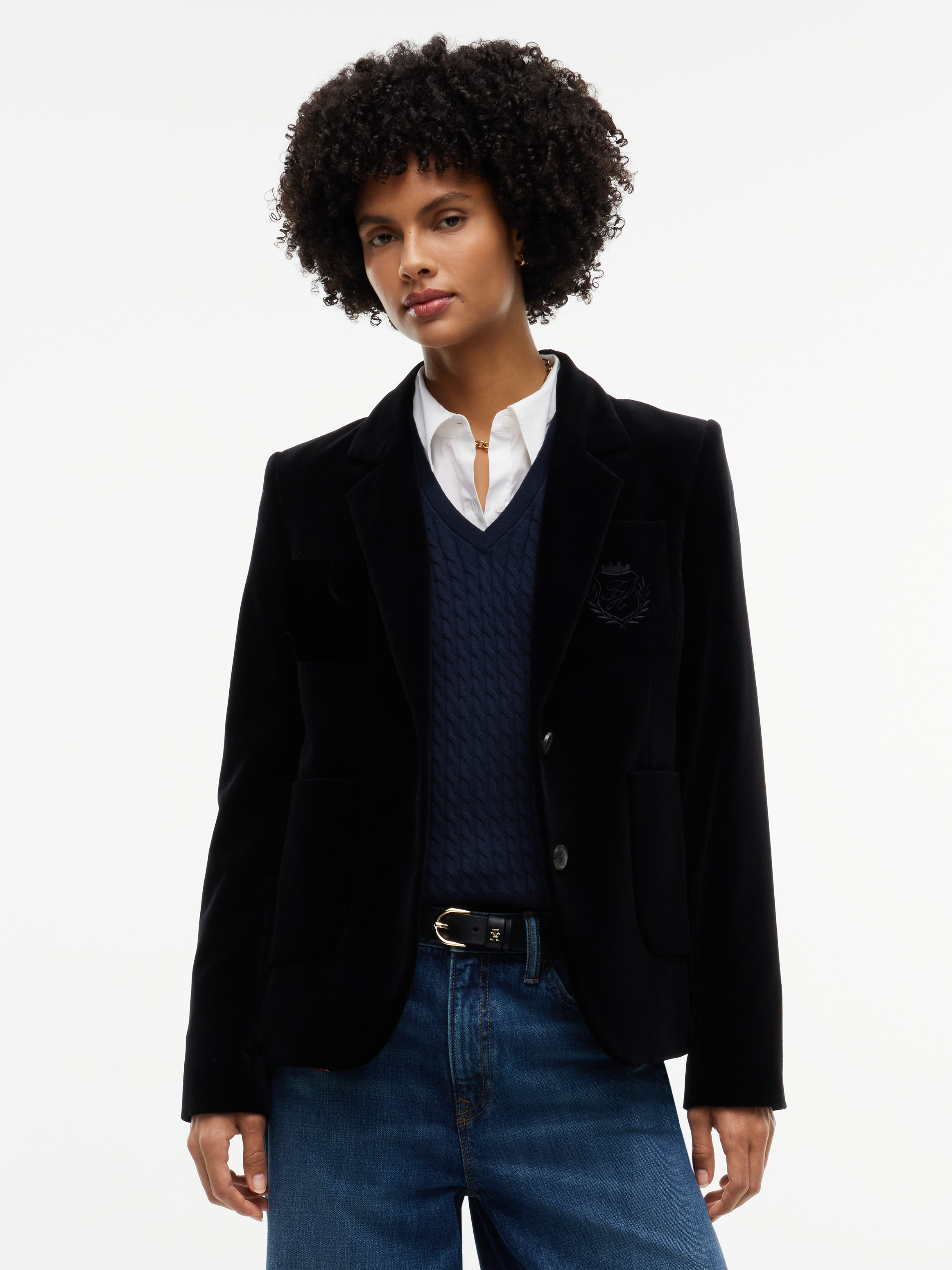 Regular Fit Crest Gold-Tone Button Velvet Blazer