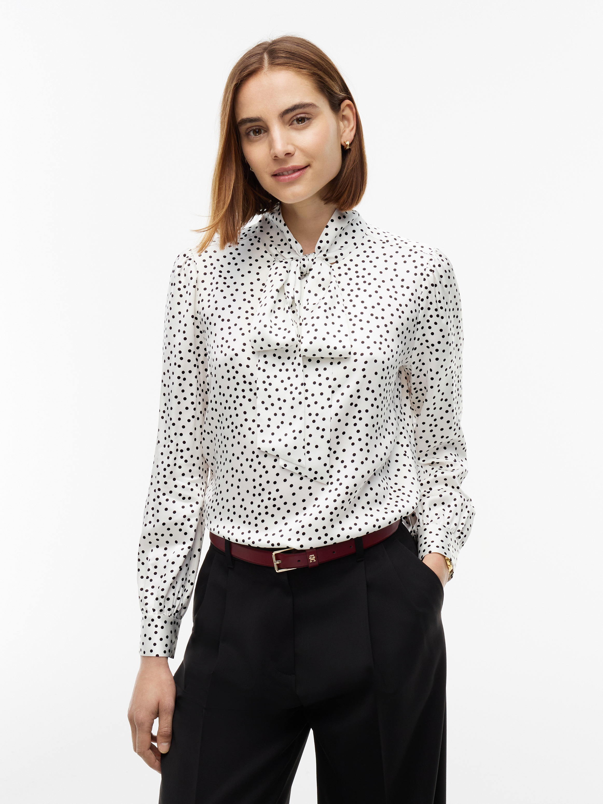 Regular Fit Polka Dot Tie Neck Blouse