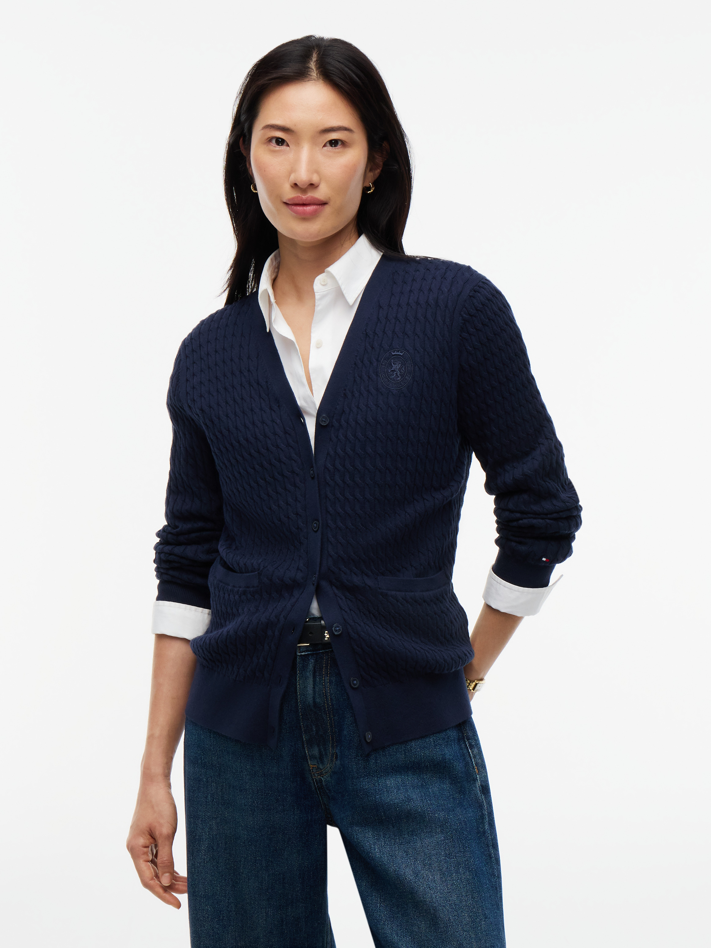 Crest Embroidery Slim Cable Knit Cardigan
