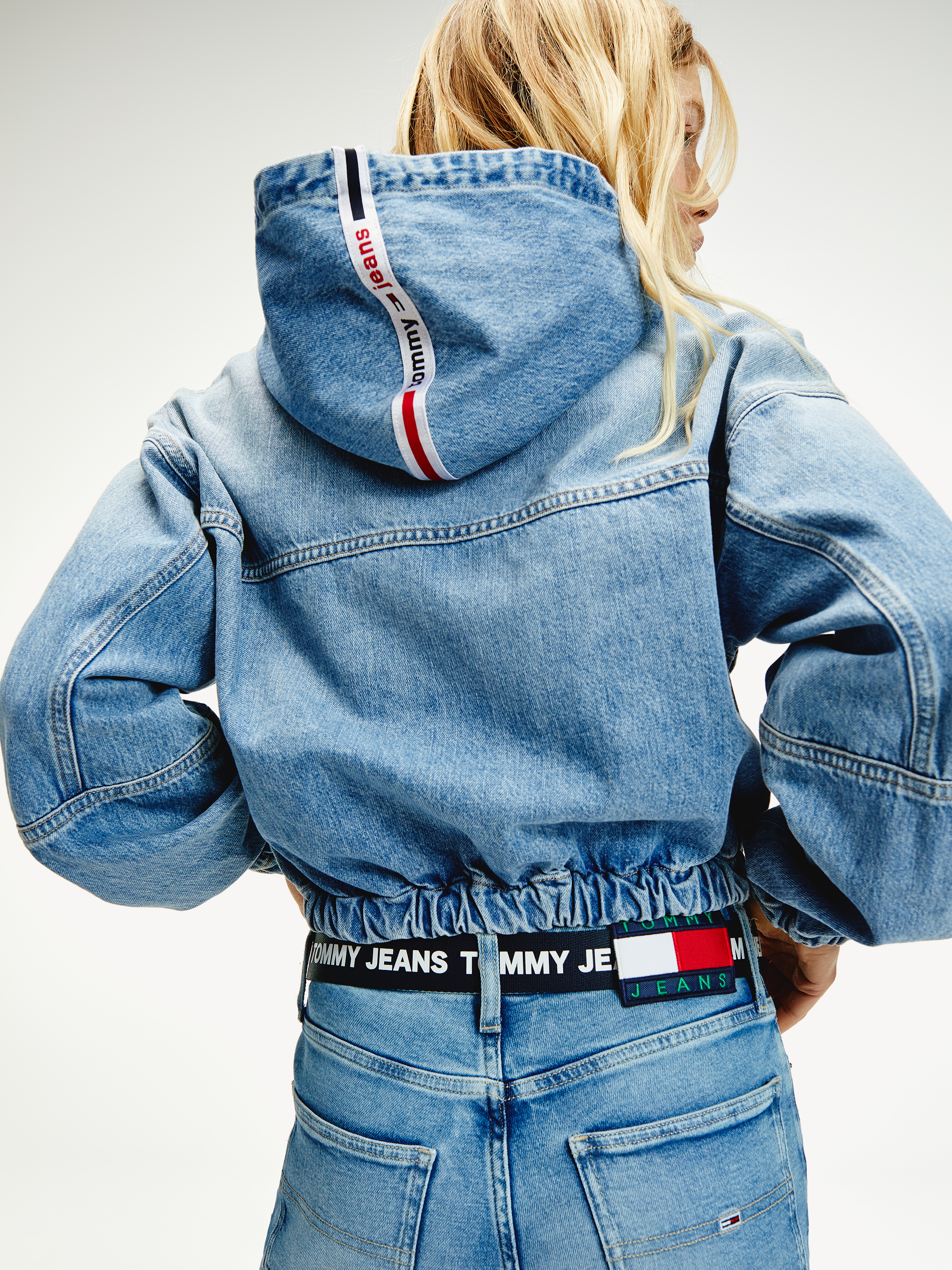 Cropped denim jacket with hood hotsell