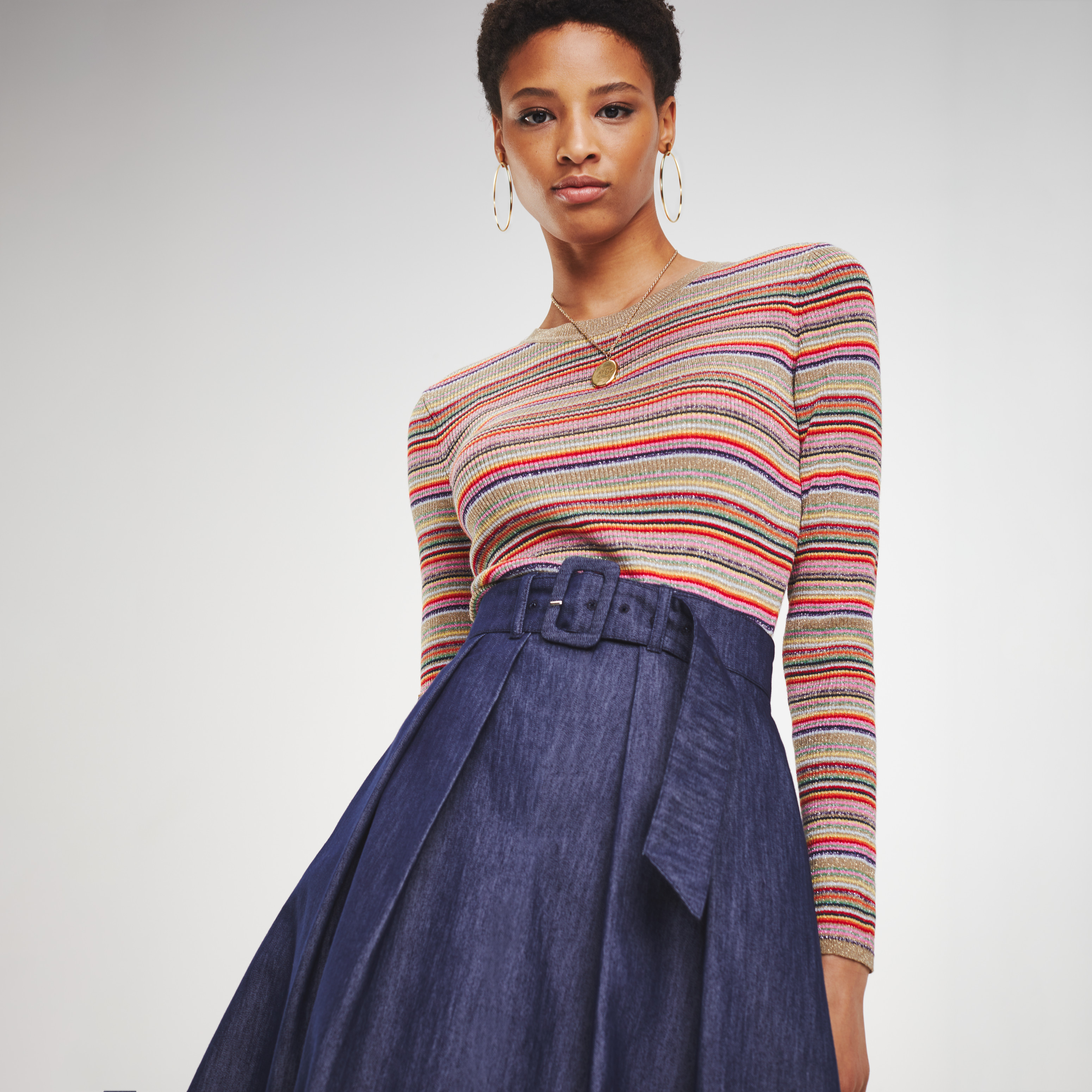 【WONDER WONDER】Ribbon String Belt Denim Flare Midi Skirt Sage Ribbon String Belt Back banding Indigo Denim Flare Midi